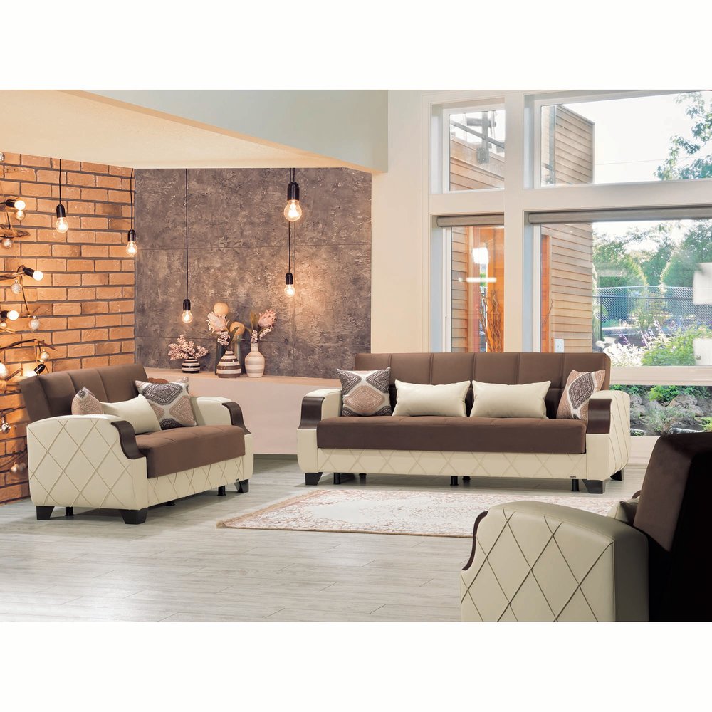 89" Brown And Cream Microsuede And Faux Leather Convertible Futon Sleeper Sofa And Toss Pillows With Storage