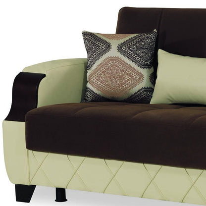 89" Brown And Cream Microsuede And Faux Leather Convertible Futon Sleeper Sofa And Toss Pillows With Storage