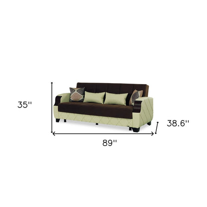 89" Brown And Cream Microsuede And Faux Leather Convertible Futon Sleeper Sofa And Toss Pillows With Storage