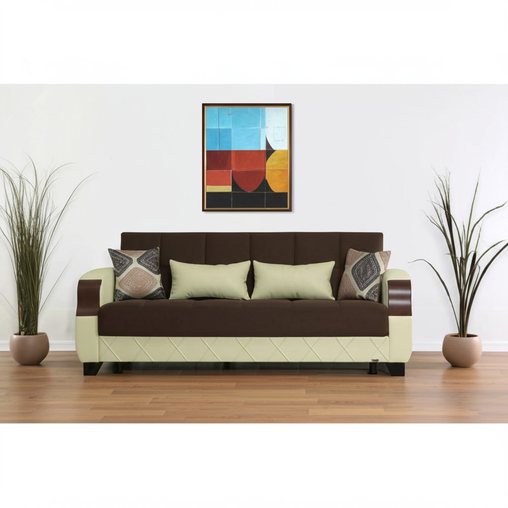 89" Brown And Cream Microsuede And Faux Leather Convertible Futon Sleeper Sofa And Toss Pillows With Storage