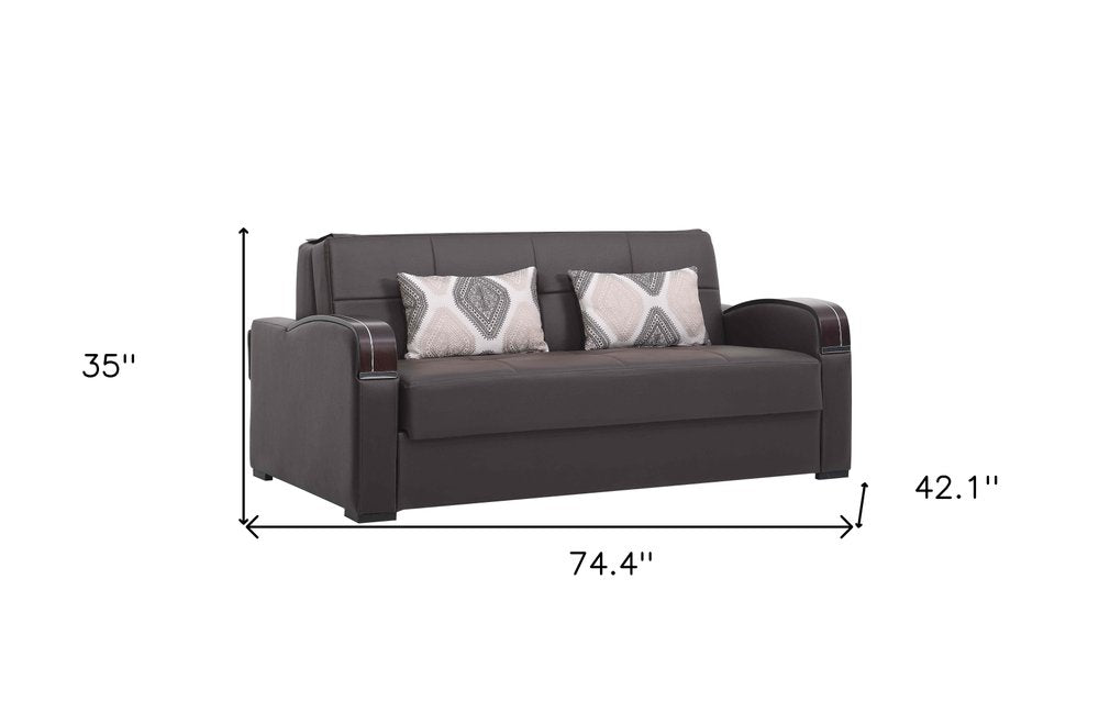 74" Brown Faux Leather Convertible Futon Sleeper Sofa And Toss Pillows With Storage