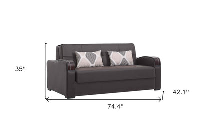 74" Brown Faux Leather Convertible Futon Sleeper Sofa And Toss Pillows With Storage
