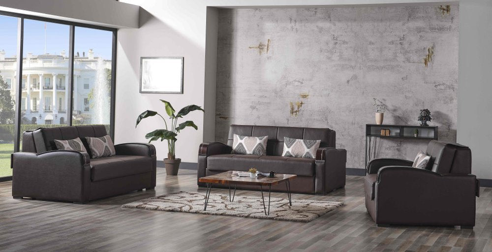 74" Brown Faux Leather Convertible Futon Sleeper Sofa And Toss Pillows With Storage