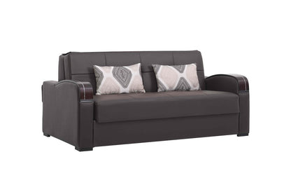 74" Brown Faux Leather Convertible Futon Sleeper Sofa And Toss Pillows With Storage