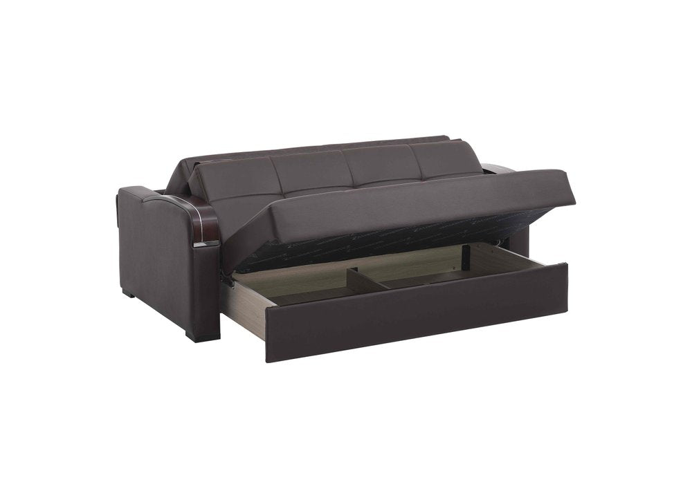 74" Brown Faux Leather Convertible Futon Sleeper Sofa And Toss Pillows With Storage