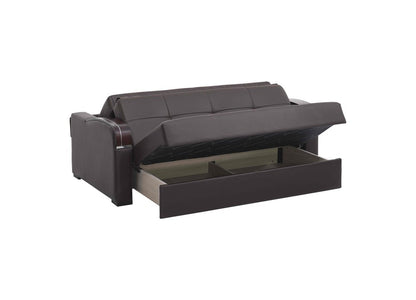 74" Brown Faux Leather Convertible Futon Sleeper Sofa And Toss Pillows With Storage