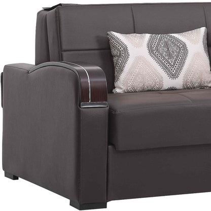 74" Brown Faux Leather Convertible Futon Sleeper Sofa And Toss Pillows With Storage