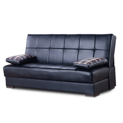75" Black Faux Leather Convertible Futon Sleeper Sofa And Toss Pillows With Storage