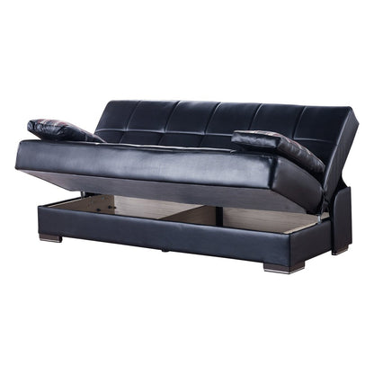 75" Black Faux Leather Convertible Futon Sleeper Sofa And Toss Pillows With Storage