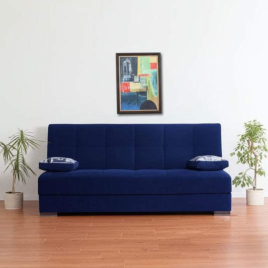 75" Blue Chenille Convertible Futon Sleeper Sofa And Toss Pillows With Storage