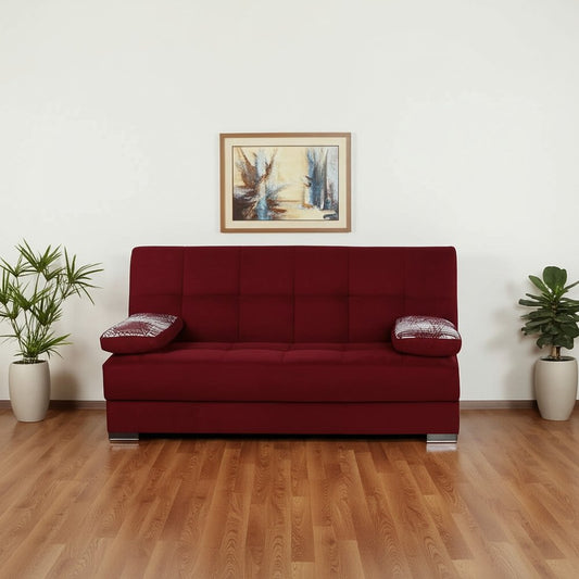 75" Burgundy Chenille Convertible Futon Sleeper Sofa And Toss Pillows With Storage