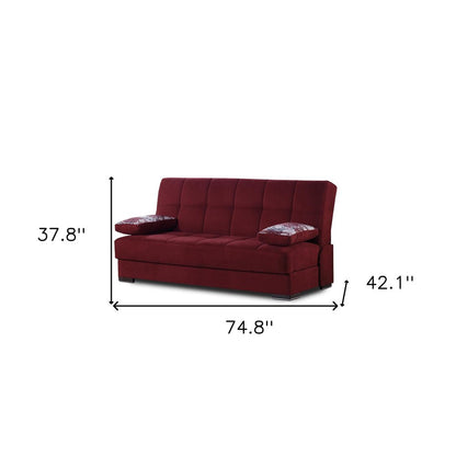 75" Burgundy Chenille Convertible Futon Sleeper Sofa And Toss Pillows With Storage