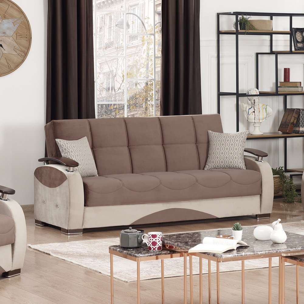 84" Brown Microfiber Convertible Futon Sleeper Sofa And Toss Pillows With Storage