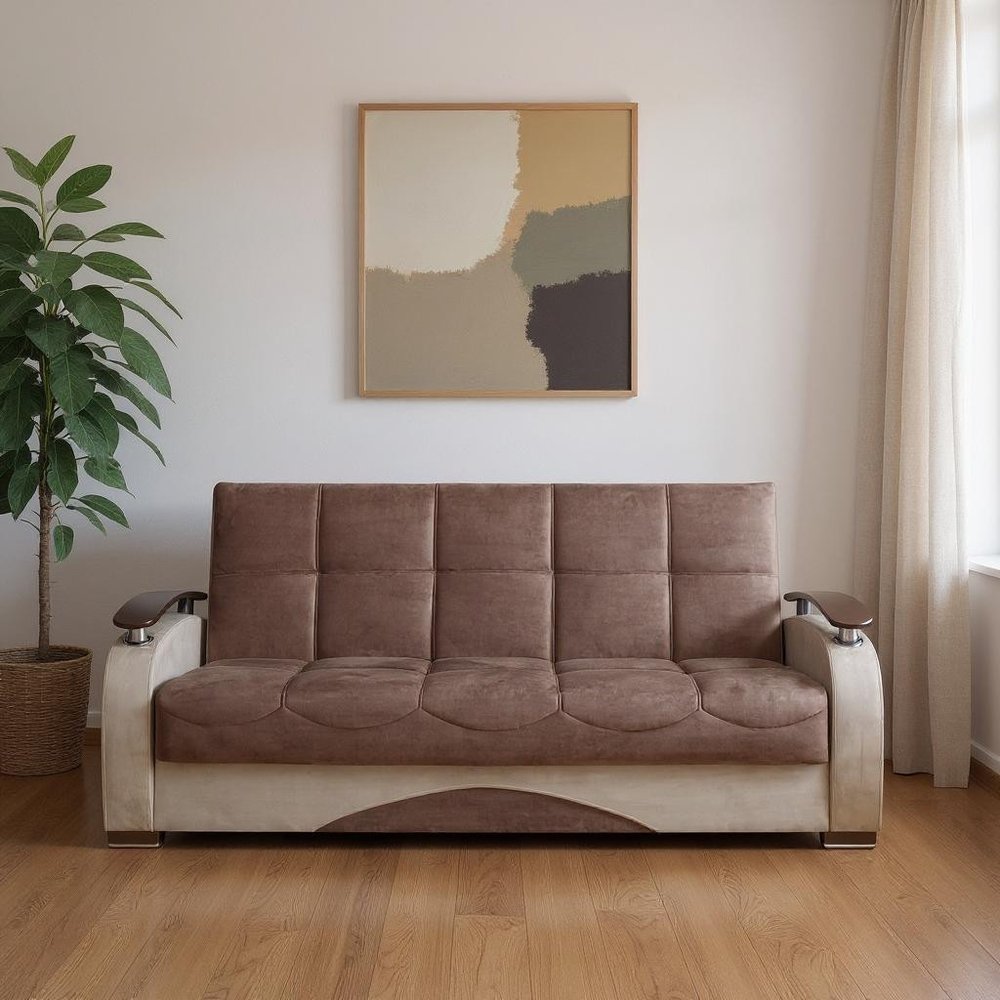 84" Brown Microfiber Convertible Futon Sleeper Sofa And Toss Pillows With Storage