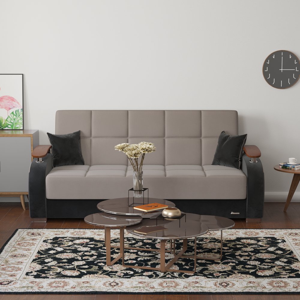 84" Gray Microfiber Convertible Futon Sleeper Sofa And Toss Pillows With Storage