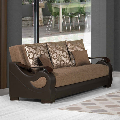 87" Brown Chenille Convertible Futon Sleeper Sofa And Toss Pillows With Storage