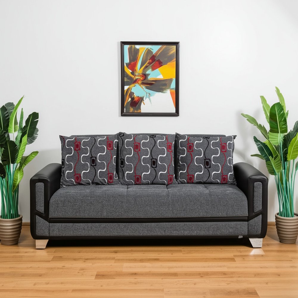 90" Gray Chenille Convertible Futon Sleeper Sofa And Toss Pillows With Storage