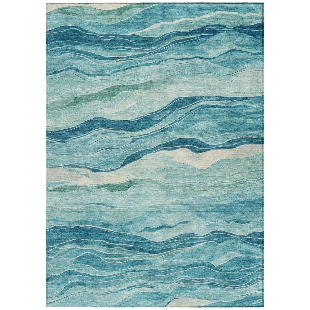 9' X 12' Turquoise Striped Washable Indoor Outdoor Area Rug
