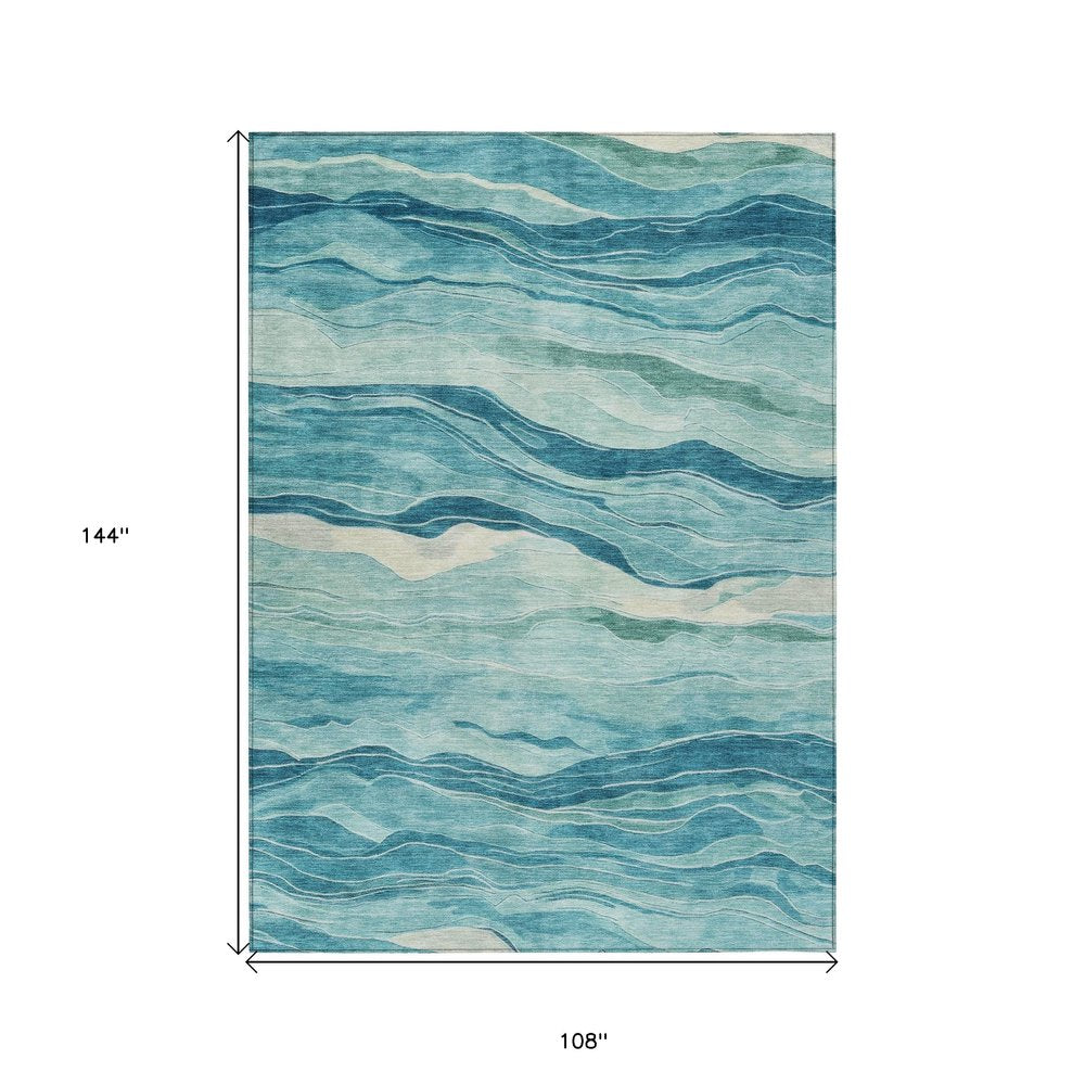 9' X 12' Turquoise Striped Washable Indoor Outdoor Area Rug