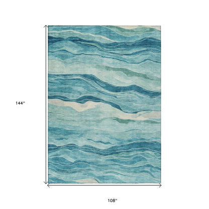9' X 12' Turquoise Striped Washable Indoor Outdoor Area Rug