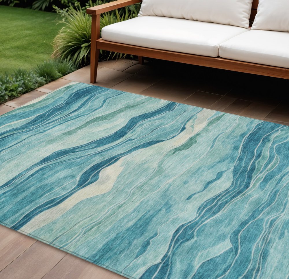 9' X 12' Turquoise Striped Washable Indoor Outdoor Area Rug