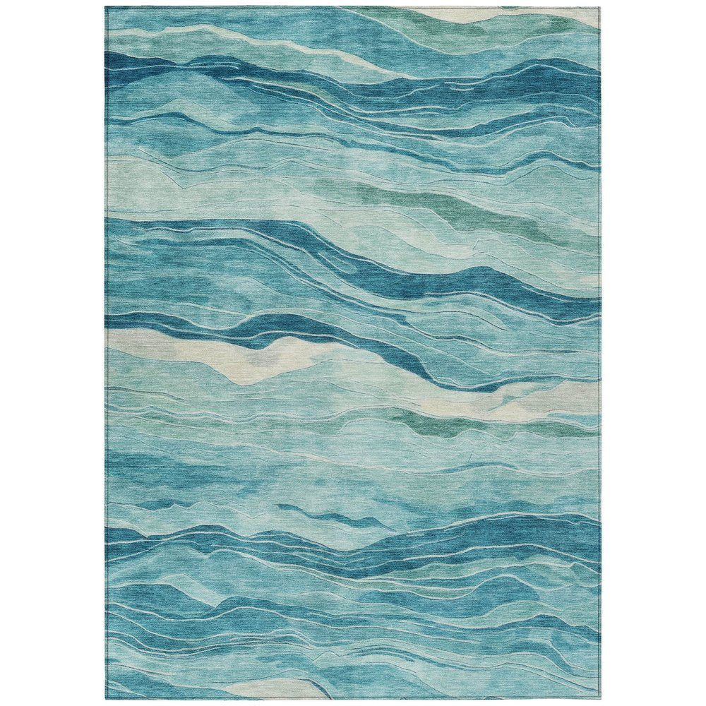 9' X 12' Turquoise Striped Washable Indoor Outdoor Area Rug