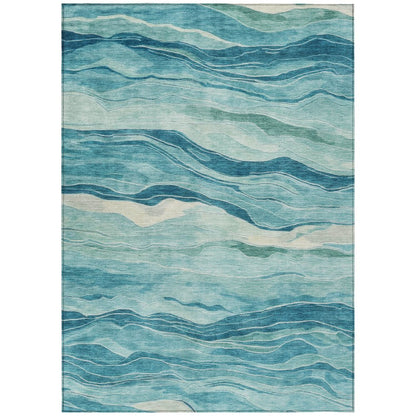 9' X 12' Turquoise Striped Washable Indoor Outdoor Area Rug