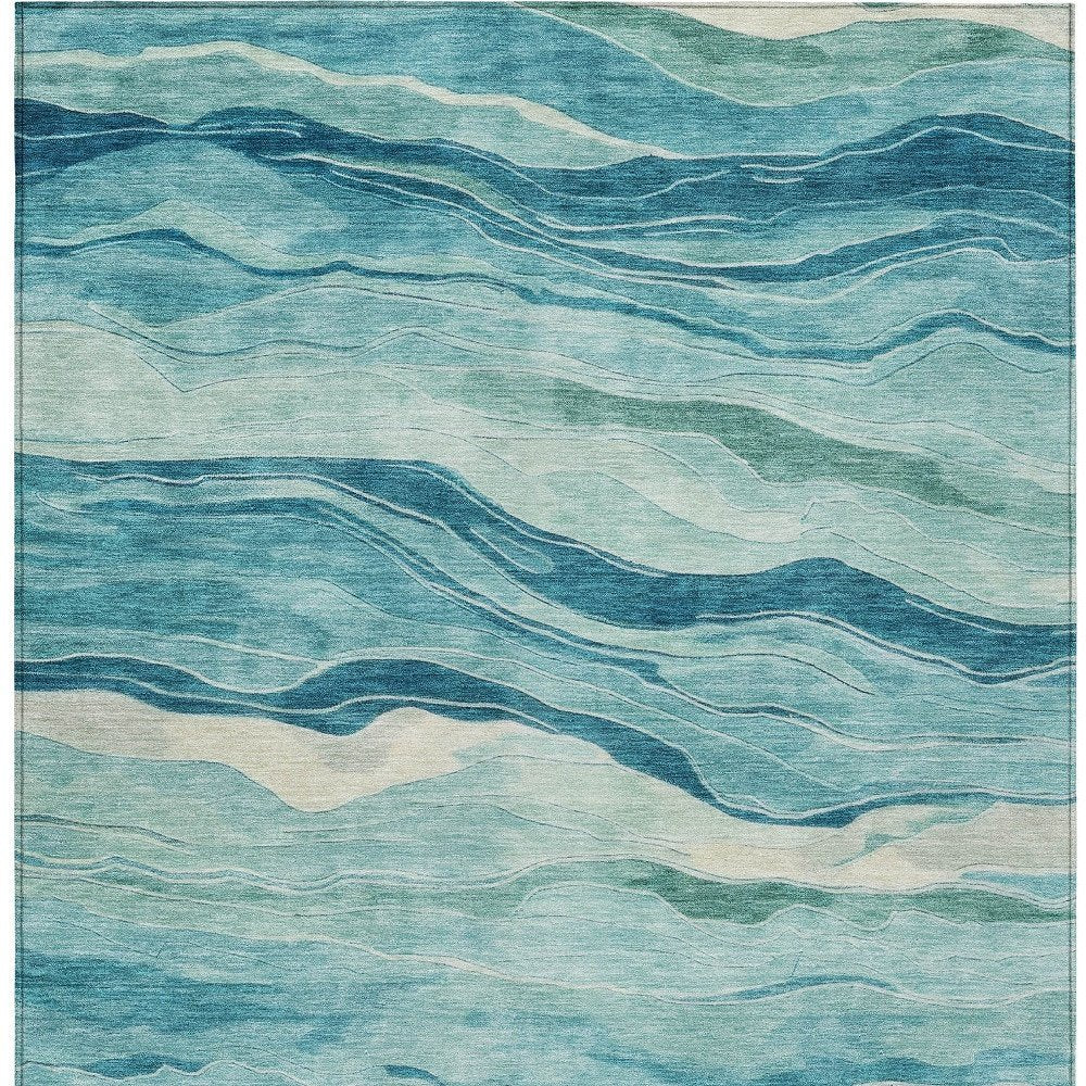 9' X 12' Turquoise Striped Washable Indoor Outdoor Area Rug