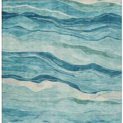 9' X 12' Turquoise Striped Washable Indoor Outdoor Area Rug