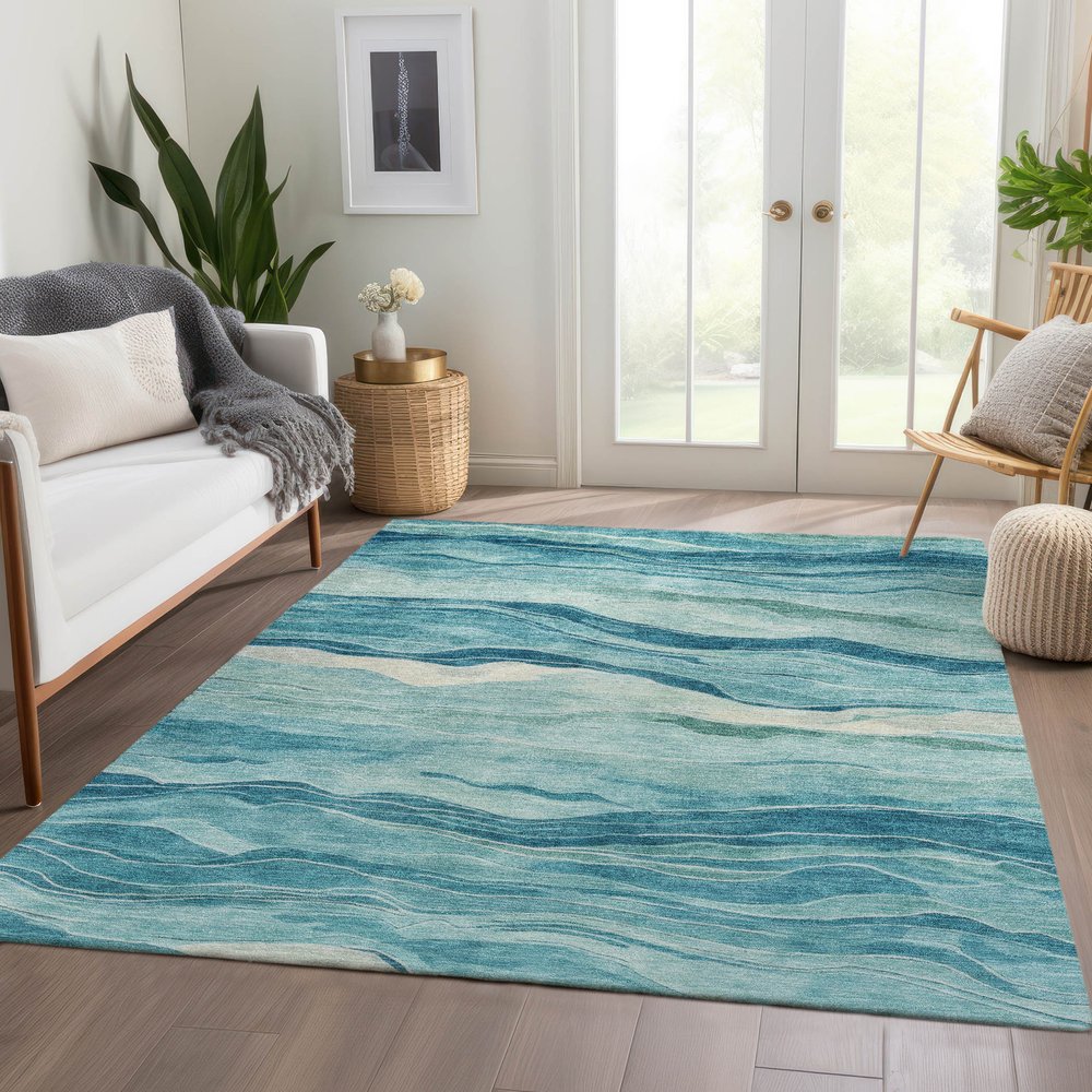 9' X 12' Turquoise Striped Washable Indoor Outdoor Area Rug