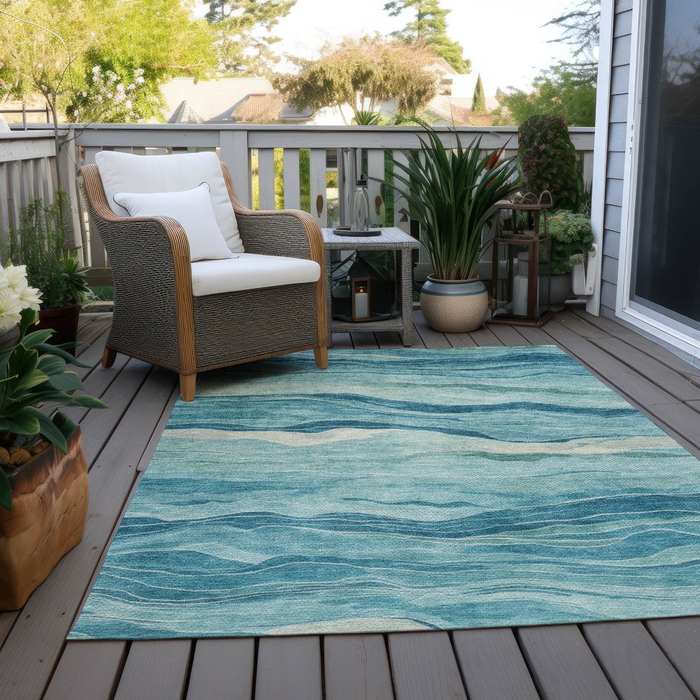 9' X 12' Turquoise Striped Washable Indoor Outdoor Area Rug