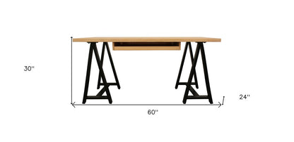 60" Natural and Black Solid Wood and Metal Trestle Executive Desk