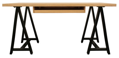 60" Natural and Black Solid Wood and Metal Trestle Executive Desk