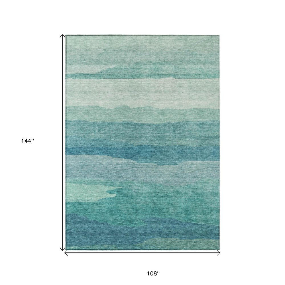 9' X 12' Turquoise Striped Washable Indoor Outdoor Area Rug