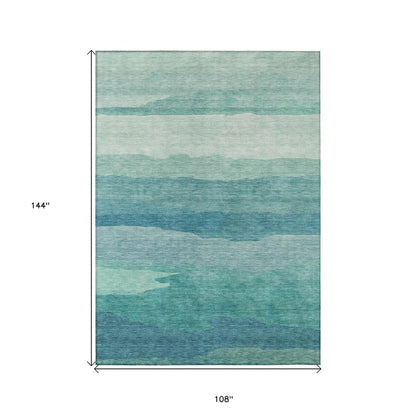 9' X 12' Turquoise Striped Washable Indoor Outdoor Area Rug