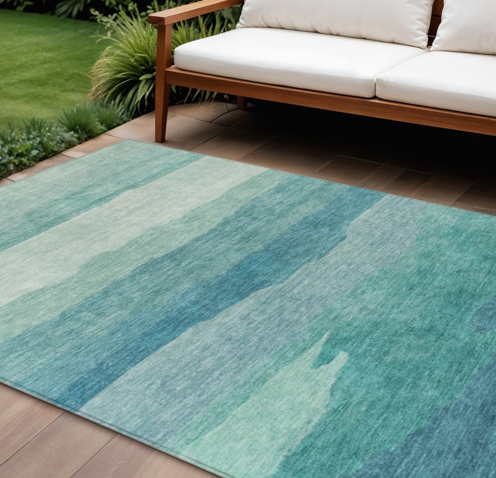 9' X 12' Turquoise Striped Washable Indoor Outdoor Area Rug