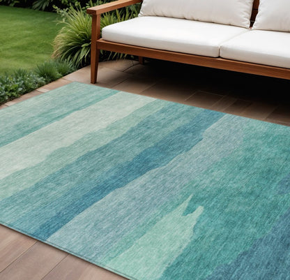 9' X 12' Turquoise Striped Washable Indoor Outdoor Area Rug