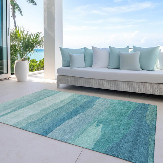 9' X 12' Turquoise Striped Washable Indoor Outdoor Area Rug