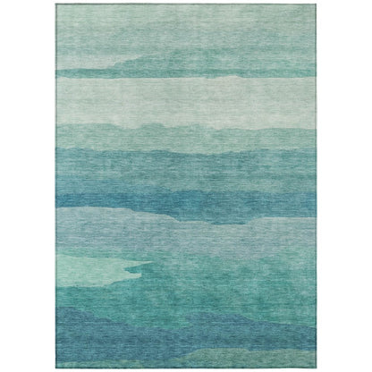 9' X 12' Turquoise Striped Washable Indoor Outdoor Area Rug
