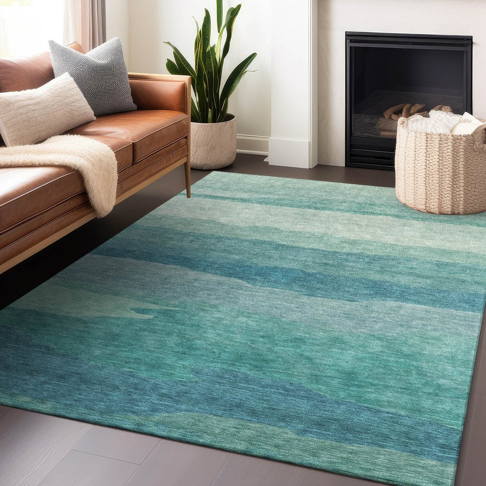 9' X 12' Turquoise Striped Washable Indoor Outdoor Area Rug
