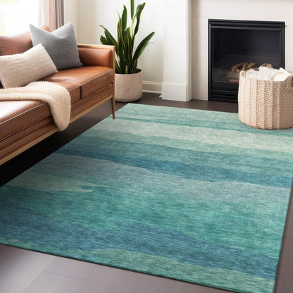 9' X 12' Turquoise Striped Washable Indoor Outdoor Area Rug