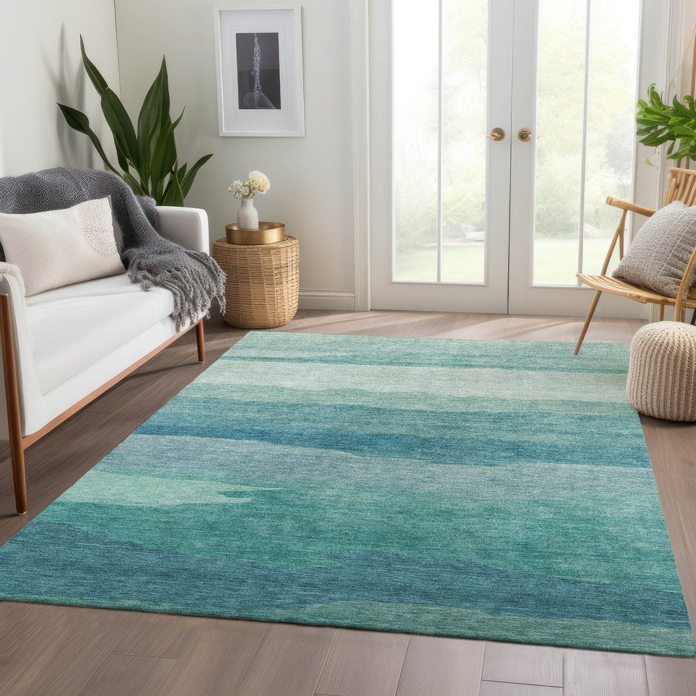 9' X 12' Turquoise Striped Washable Indoor Outdoor Area Rug