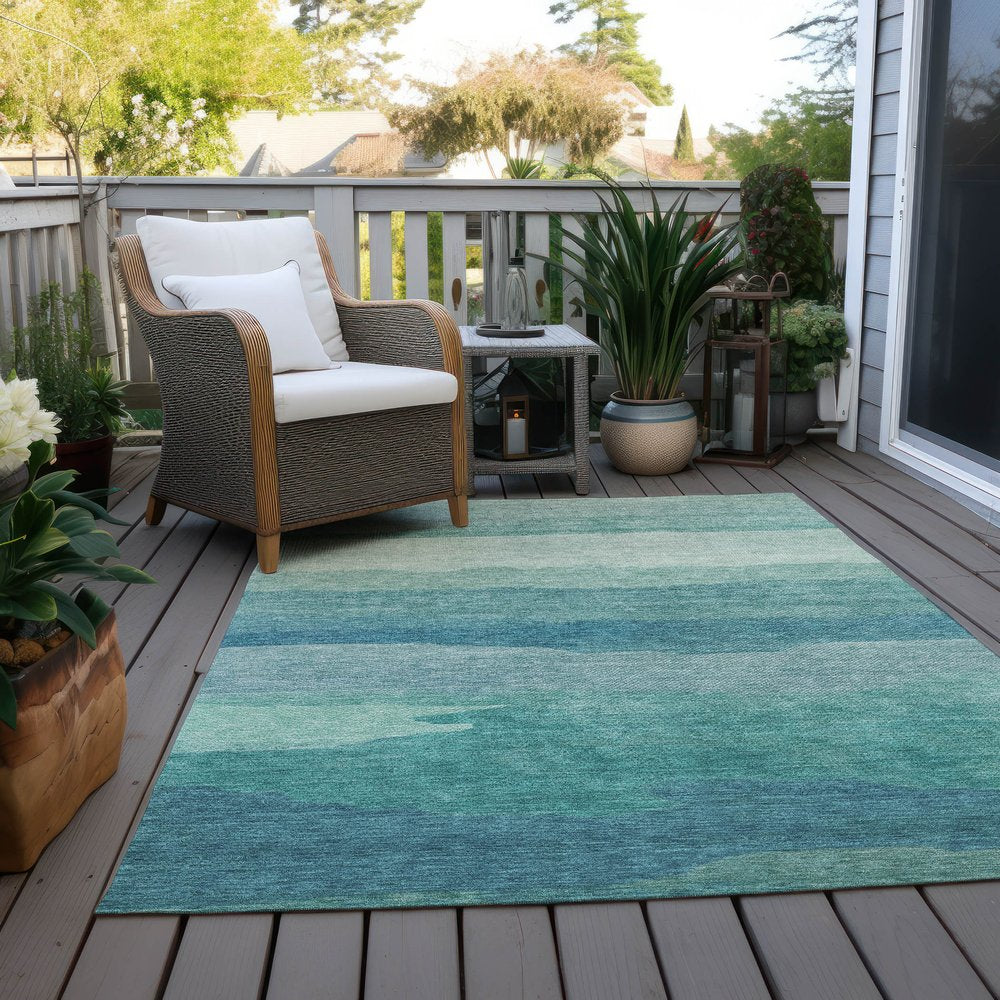 9' X 12' Turquoise Striped Washable Indoor Outdoor Area Rug