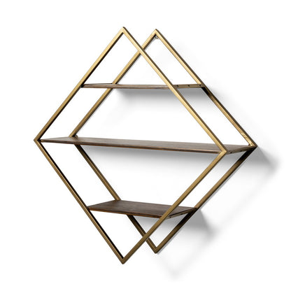 Estante decorativo de 30" en forma de diamante de latón antiguo, metal marrón y madera maciza
