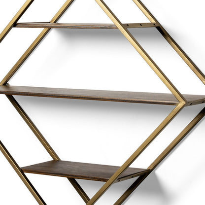 Estante decorativo de 30" en forma de diamante de latón antiguo, metal marrón y madera maciza