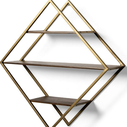 Estante decorativo de 30" en forma de diamante de latón antiguo, metal marrón y madera maciza