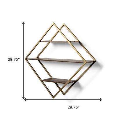 Estante decorativo de 30" en forma de diamante de latón antiguo, metal marrón y madera maciza