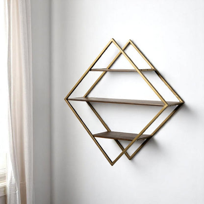 Estante decorativo de 30" en forma de diamante de latón antiguo, metal marrón y madera maciza