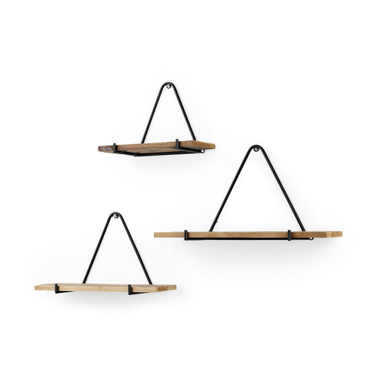 Juego de tres estantes decorativos triangulares de pared de metal y madera maciza, en negro y marrón
