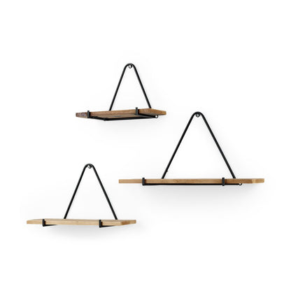 Juego de tres estantes decorativos triangulares de pared de metal y madera maciza, en negro y marrón